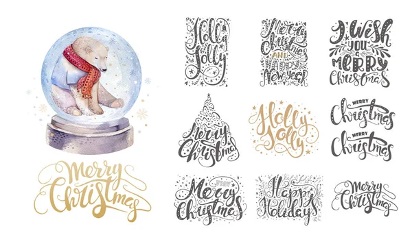 Χαρούμενα Χριστούγεννα γράμματα πάνω με νιφάδες χιονιού και αρκούδα. Χέρι dr — Φωτογραφία Αρχείου