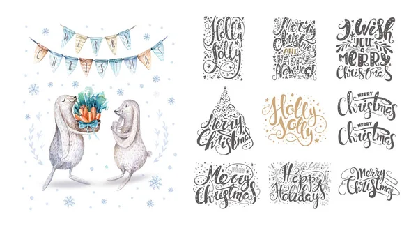 Χαρούμενα Χριστούγεννα γράμματα πάνω με νιφάδες χιονιού και λαγουδάκια. Χέρι — Φωτογραφία Αρχείου