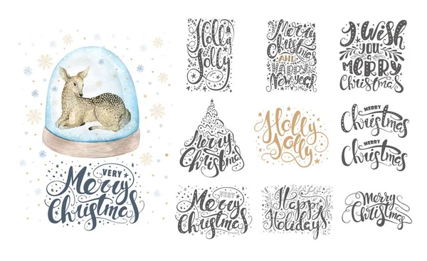 메리 크리스마스 글자 위에 눈송이와 사슴입니다. 손 박사 — 스톡 사진