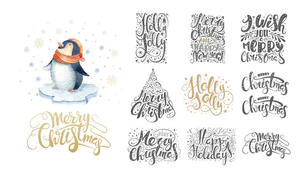 Merry christmas lettering over with snowflakes and penguins. Han — Stock Photo, Image