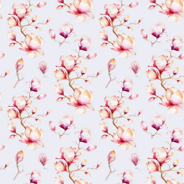 Aquarelle papier peint sans couture avec des fleurs de magnolia, feuilles . — Photo