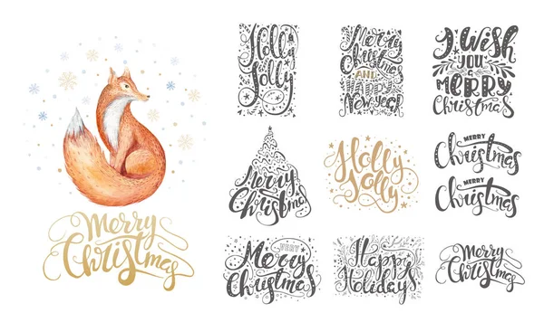 Merry christmas lettering over with snowflakes and foxes. Hand d — Stock Photo, Image