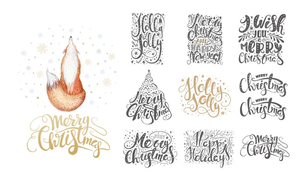 Merry christmas lettering over with snowflakes and foxes. Hand d — Stock Photo, Image