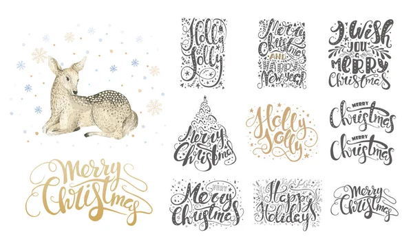 Merry christmas lettering over with snowflakes and deer. Hand dr — Stock Photo, Image