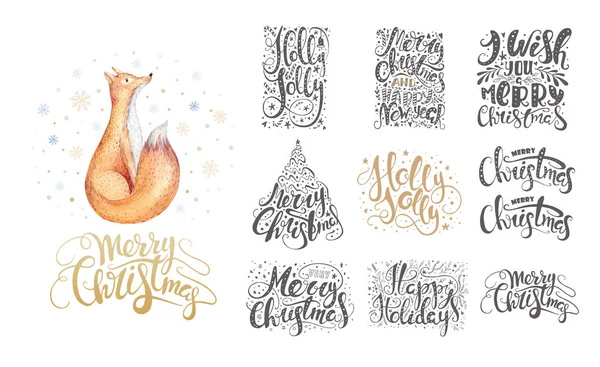 Merry christmas belettering over met sneeuwvlokken en vossen. Hand d — Stockfoto