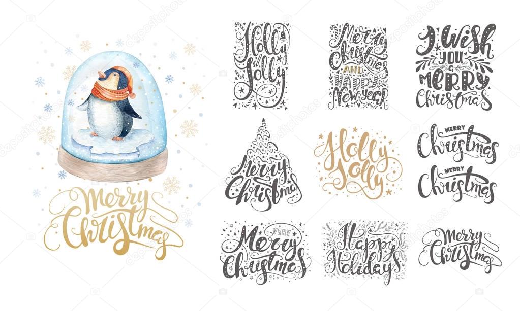 Merry christmas lettering over with snowflakes and penguins. Han