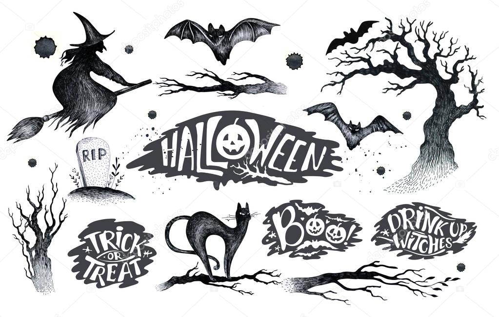 Halloween hand drawing black white graphic set icon, drawn Halloween symbols pumpkin, broom, bat, witches. Horror  elements pumpkins, ghosts, witches, bats, bones, stars.Happy Halloween day silhouette