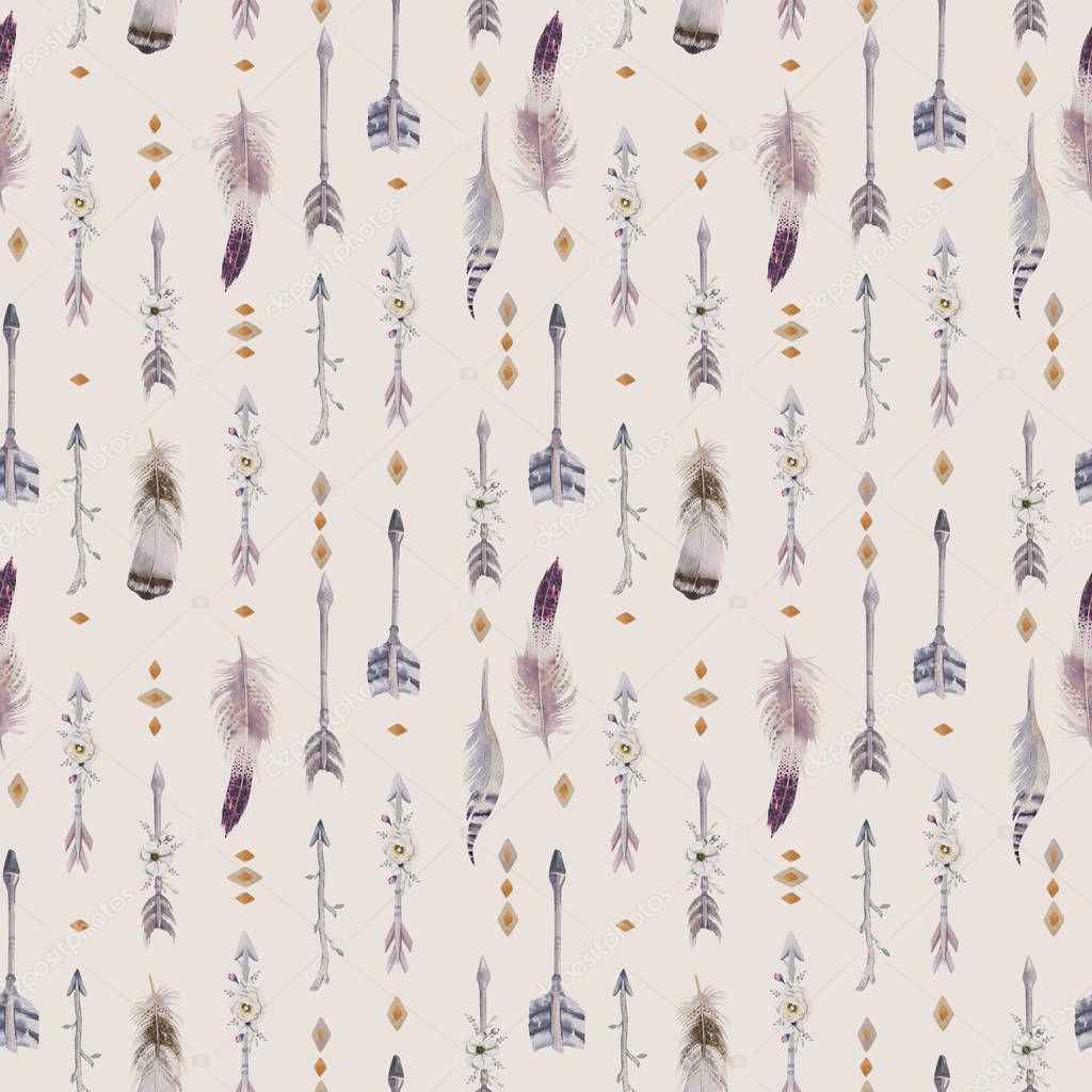 Watercolor boho seamless pattern with teepee, arrows and feather ...