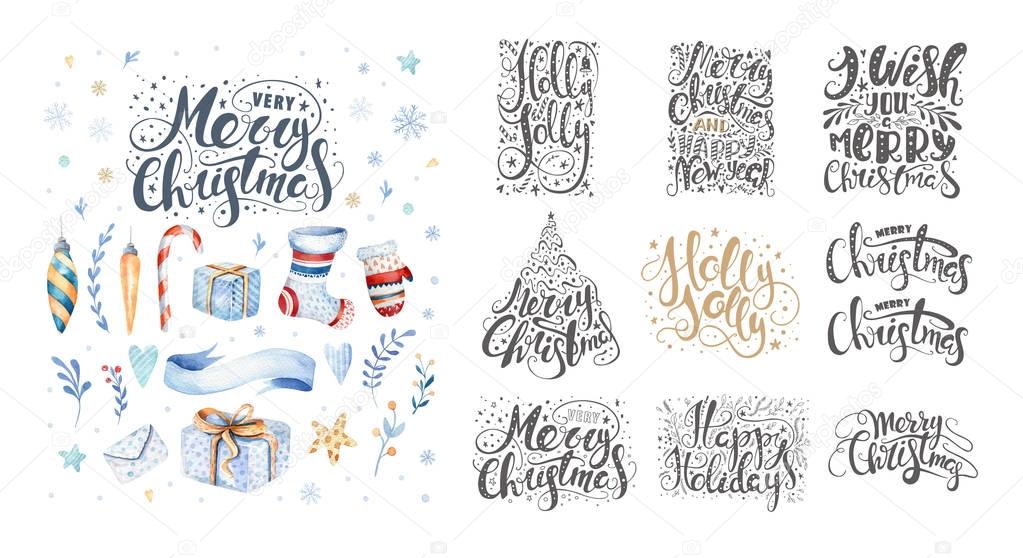 Merry christmas lettering over with snowflakes. Hand drawn text,