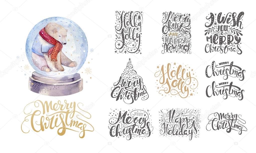Merry christmas lettering over with snowflakes and bear. Hand dr