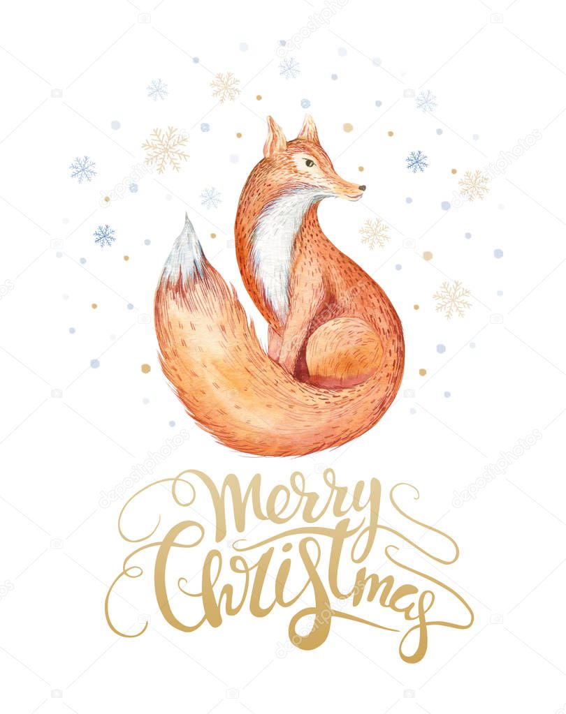 Merry Christmas watercolor lettering with watercolour fun fox.