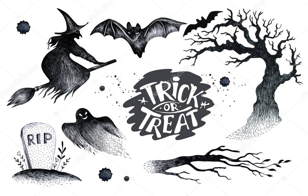 Halloween hand drawing black white graphic set icon, drawn Halloween symbols pumpkin, broom, bat, witches. Horror  elements pumpkins, ghosts, witches, bats, bones, stars.Happy Halloween day silhouette
