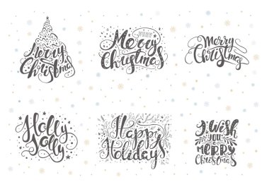 Kar taneleri neşeli Noel yazı üzerine. Elle çizilmiş metin,