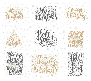 Kar taneleri neşeli Noel yazı üzerine. Elle çizilmiş metin,