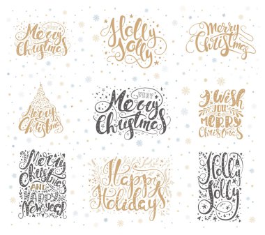 Kar taneleri neşeli Noel yazı üzerine. Elle çizilmiş metin,