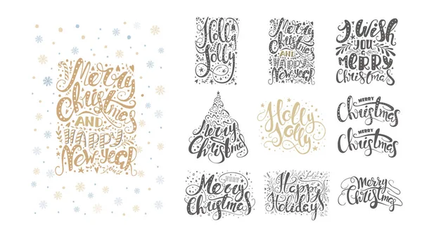 Merry christmas lettering over with snowflakes. Hand drawn text, — Stock Vector