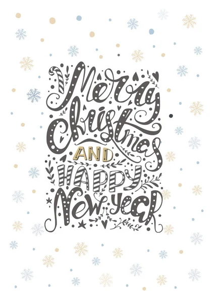 Merry christmas belettering over met sneeuwvlokken. Hand getrokken tekst, — Stockvector