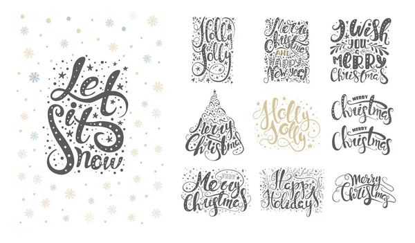 Merry christmas lettering over with snowflakes. Hand drawn text, — Stock Vector