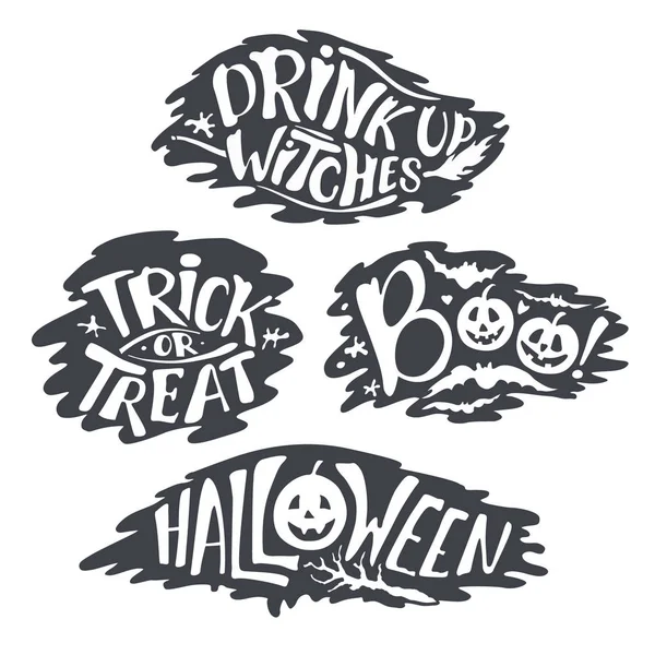 Happy Halloween kalligrafi bakgrunder. Vector banner tecken. bokstäver holiday hignt. Bat siluett skräck text. månsken träd. Bus eller godis, boo, häxor — Stock vektor