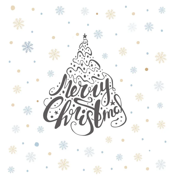 Frohe Weihnachten Schriftzug über mit Schneeflocken. Handgezeichneter Text, — Stockvektor