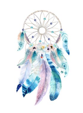 Sulu Boya Dekorasyon bohem dreamcatcher izole. Boho feath