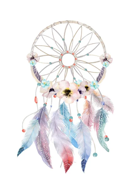 Isolado decoração aquarela boêmio dreamcatcher. Feath de Boho — Fotografia de Stock