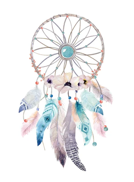 Isolado decoração aquarela boêmio dreamcatcher. Feath de Boho — Fotografia de Stock