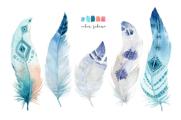 Set of watercolor blue feathers. Boho style. Hand-drawn ornament