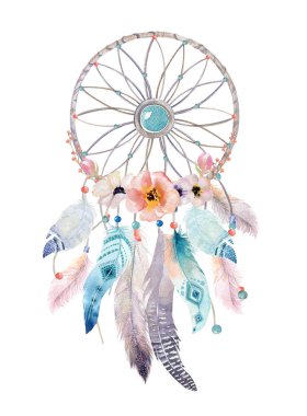 Sulu Boya Dekorasyon bohem dreamcatcher izole. Boho feath
