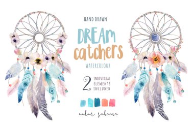Sulu Boya Dekorasyon bohem dreamcatcher izole. Boho feath