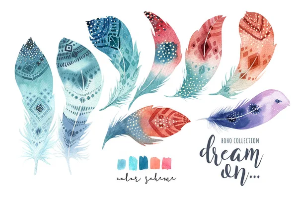 Hand drawn watercolor paintings vibrant feather set. Boho style — Stock Photo, Image