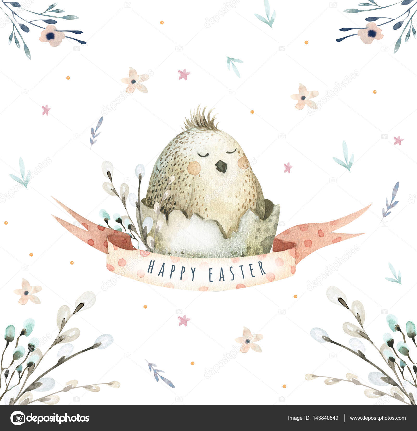 Mano disegno acquerello volante del fumetto dell uccello di Pasqua con foglie — Foto Stock