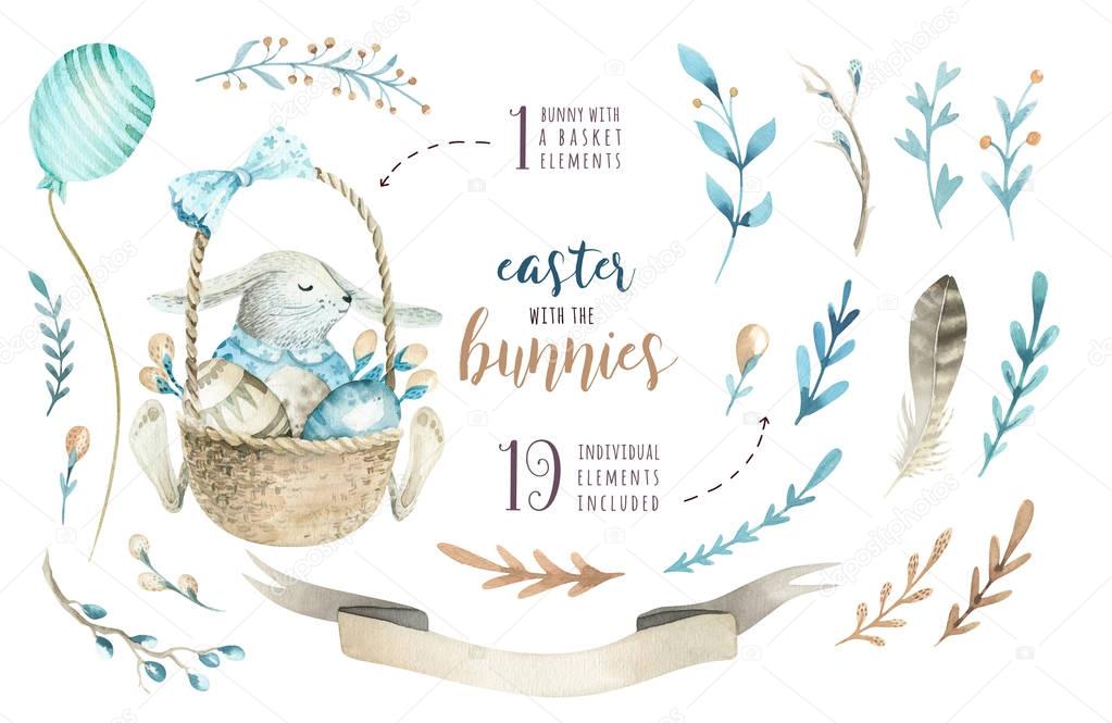  Hand drawn watercolor happy easter set 