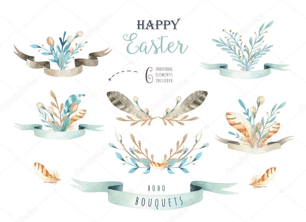  Hand drawn watercolor happy easter set 