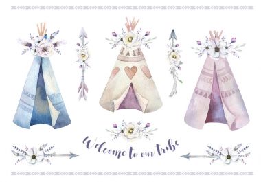 Suluboya kabile Kızılderili çadırları el çekilmiş