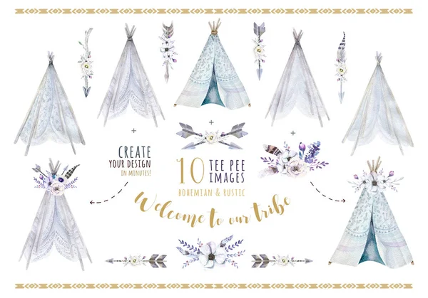 Hand drawn watercolor tribal teepees — Stock Photo, Image