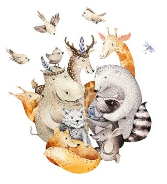 Şirin aile bebek fox, geyik hayvan kreş kedi, zürafa, sincap ve ayı illüstrasyon izole. Suluboya boho raccon çizim, suluboya, su aygırı kreş posterler için mükemmel resim, desen.