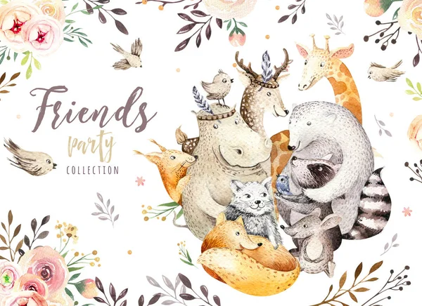 Cute family baby fox, deer animal nursery cat, giraffe, squirrel, and bear isolated illustration. Watercolor boho raccon drawing, watercolour, hippopotamus image Perfect for nursery posters, pattern. — Stock Photo, Image