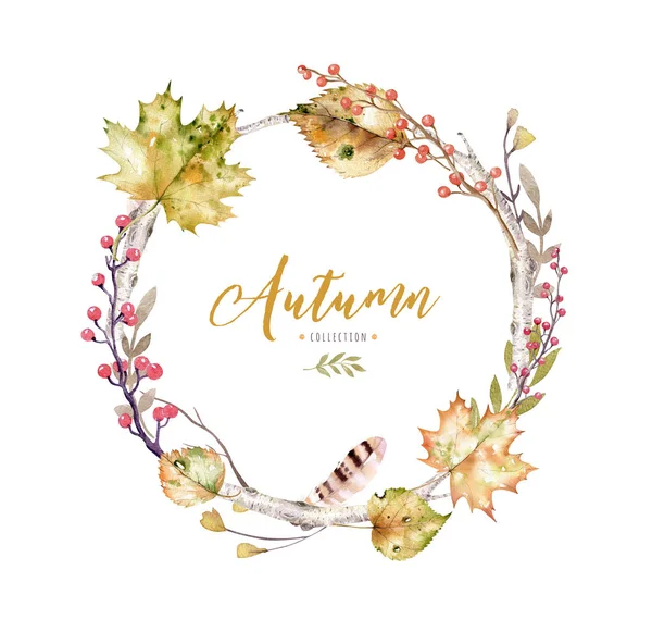 秋天的水彩叶子和果实 — 图库照片