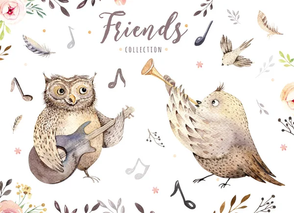 Owl and bird playing music. — Stock Photo, Image
