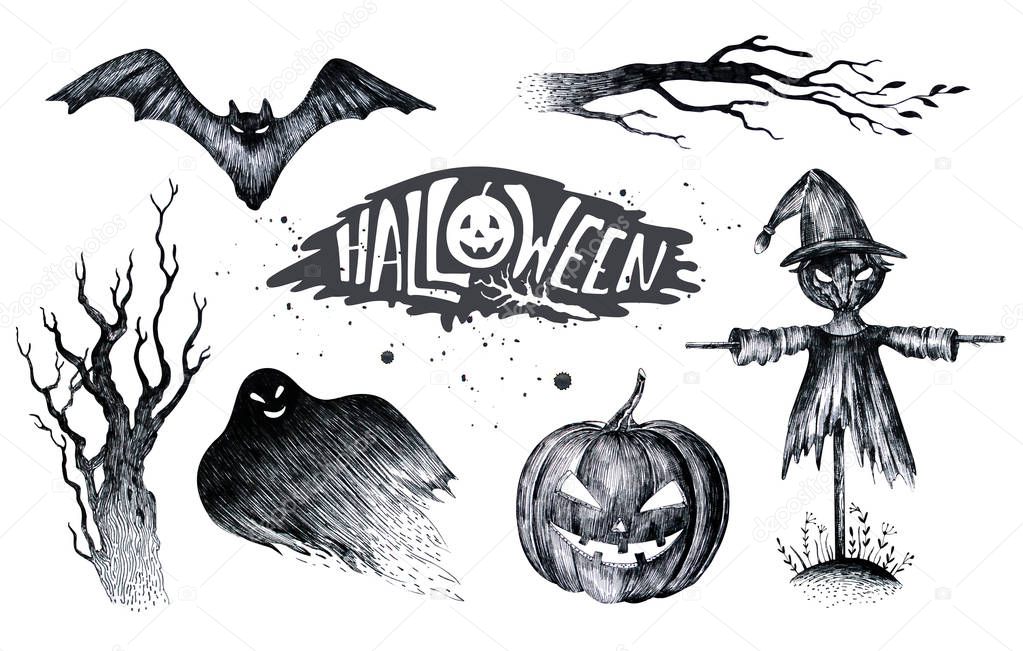 Halloween hand drawing black white graphic set of  icons, drawn Halloween symbols design