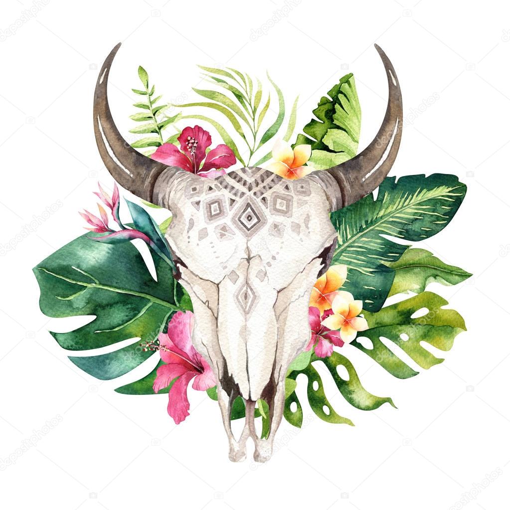  cow skull and tropic palm leaves