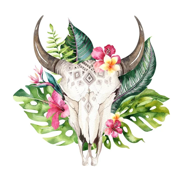 Cranio di mucca e foglie tropicali — Foto Stock