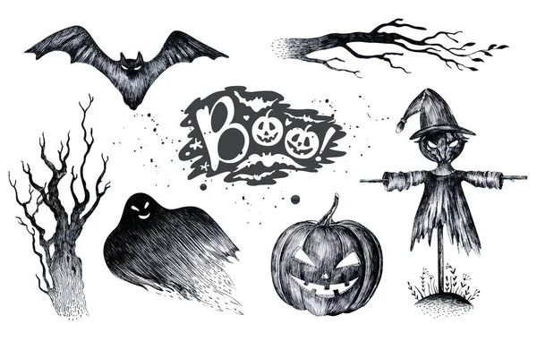 Halloween mão desenho preto branco gráfico conjunto ícone, desenhado Hallo  Ilustração por ©mykef #124451018