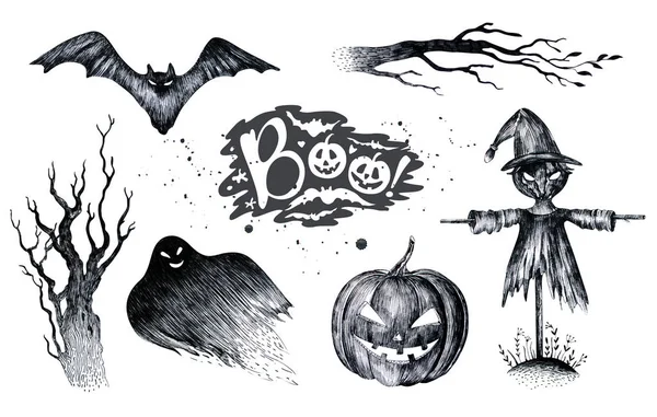 Conjunto de elementos de halloween ou ilustração com mão ou desenho estilo