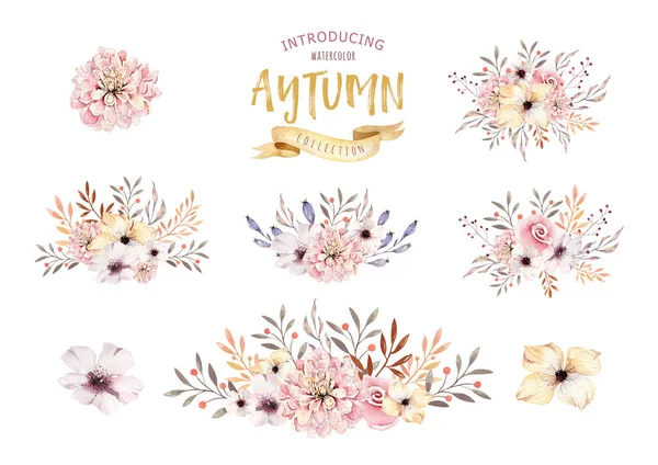 Set of watercolor boho floral bouquets — Stock Photo, Image