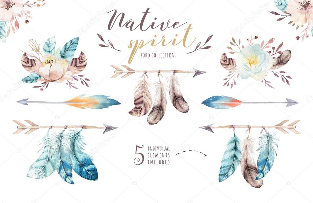 Watercolor flowers and feathers set isolated on white background