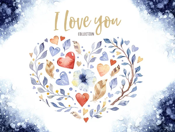 Květinové Láska Tvaru Srdce Akvarel Izolovaných Bílém Pozadí — Stock fotografie