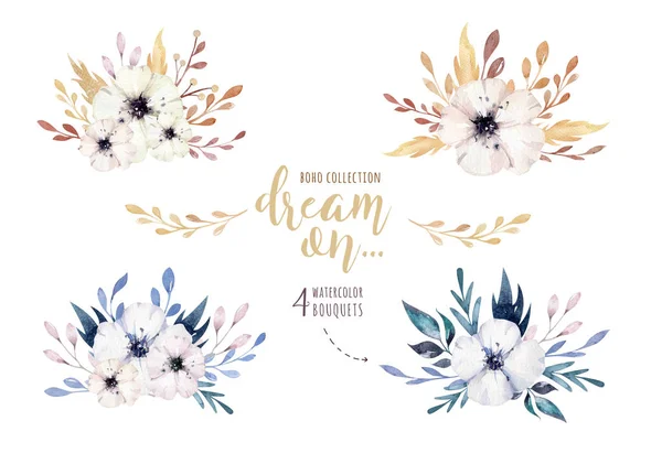 Flores Aquarela Pintados Mão Definido Estilo Vintage Com Frase Sonho — Fotografia de Stock