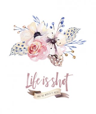 Bohem çiçek buketi tüy ve hayat kısa ve dünya geniş yazı.